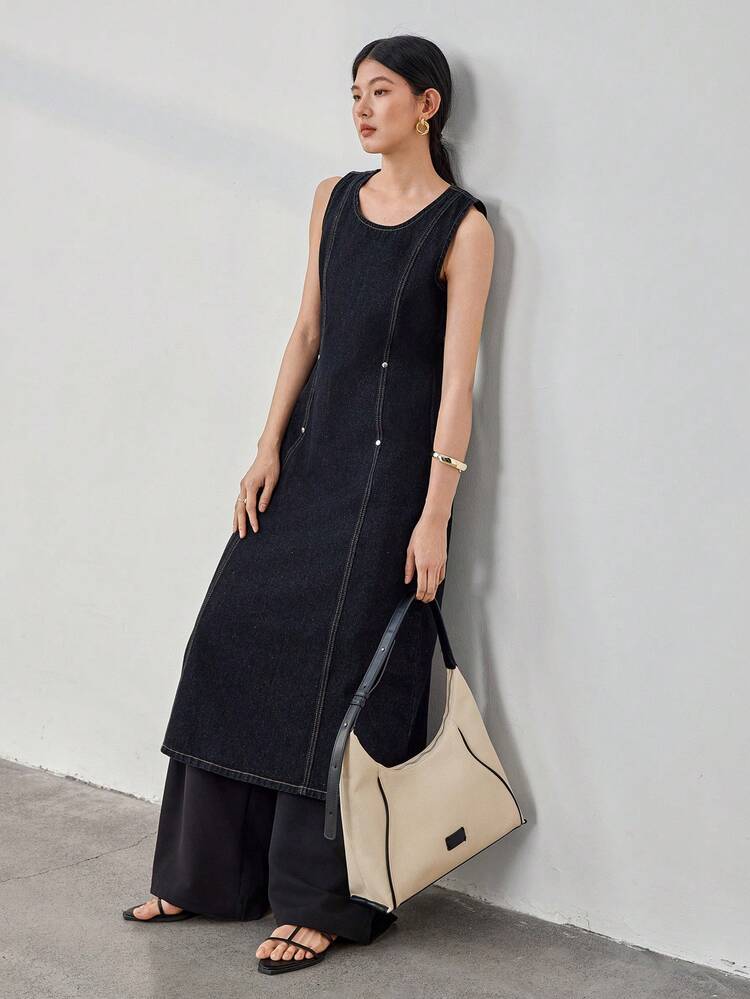 Casual Business Minimalist 3D Cut Waist Sleeveless Denim Dress For Women Maxi Dress