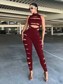 SHEIN SXY 女士无袖镂空黑色圆领连体裤 - 酒紅色 - 查看 3