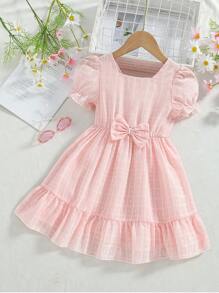 SHEIN 1pc Young Girl Elegant Pink Plaid Jacquard Fabric A-Line Dress With Cinched Waist Bow, Suitable For Vacation And Outings, Summer - Pink - View 1