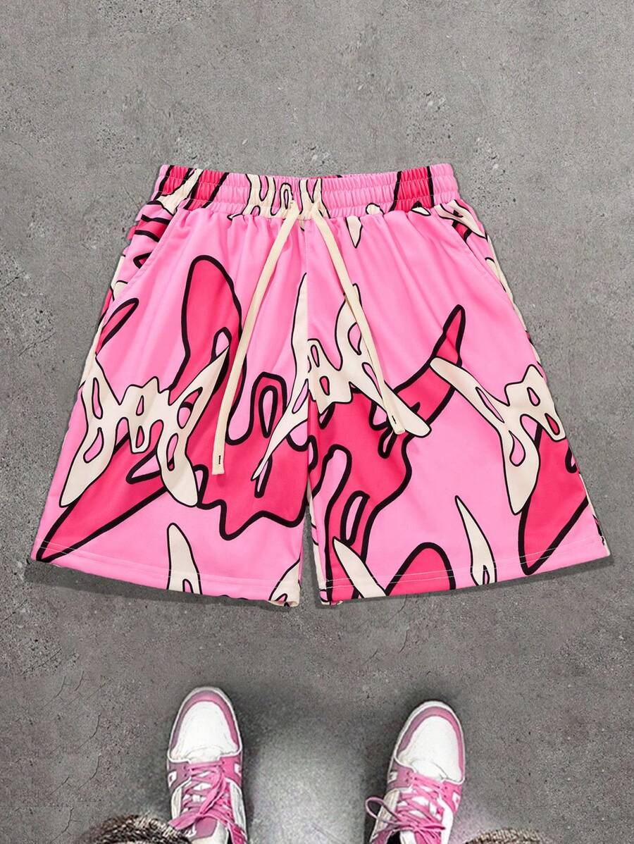 PAVTROS Quần short nam đơn giản có túi in họa tiết buộc phía trước, trang phục thường ngày, quà tặng cho bạn trai - Hồng - Xem 1