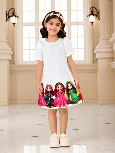 Váy dài vừa phải tay bồng màu trắng in họa tiết dễ thương cho bé gái trong tháng lễ Ramadan, thích hợp mặc đi học, đi chơi hoặc tụ họp gia đình