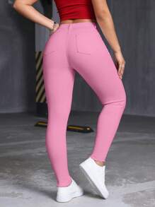 SHEIN EZwear Women's Button-Down Pocket Distressed Skinny Fit Jeans - Pink - View 4