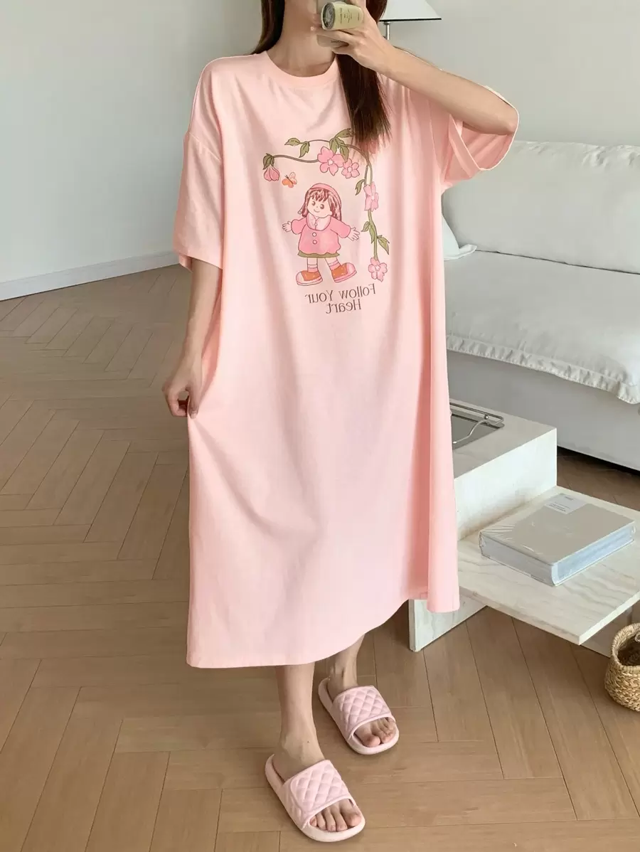 DAZY Vestido camiseta de mujer con estampado de dibujos animados, vestido de dormir pijama - Rosa - Ver 1