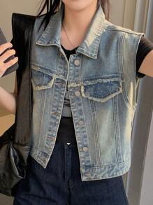 DAZY Women's Rhinestone Frayed Sleeveless Denim Vest And Jacket - Light Wash - View 1