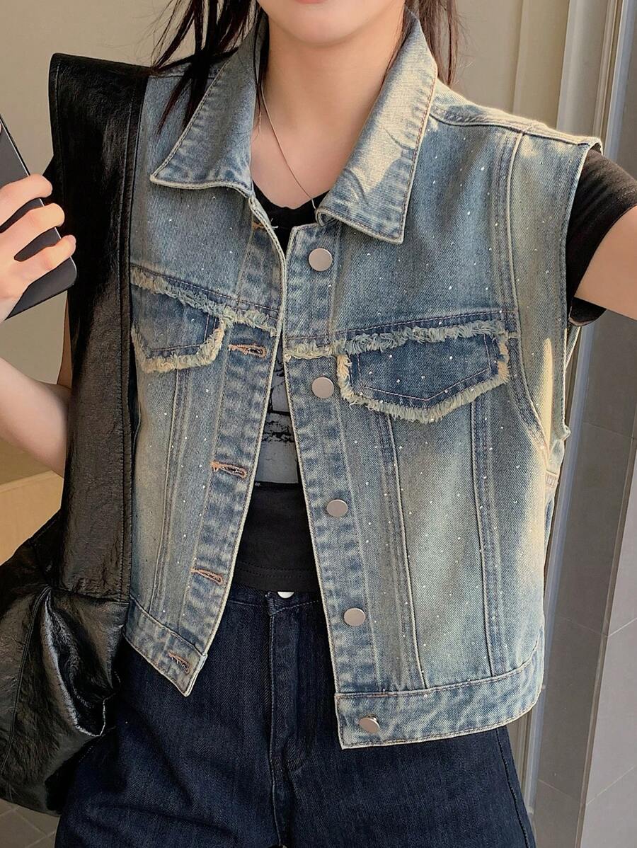 DAZY Women's Rhinestone Frayed Sleeveless Denim Vest And Jacket - Light Wash - View 1