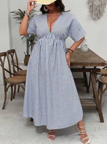 SHEIN VCAY Plus Size Striped V-Neck Short Sleeve Dress, Simple Casual Everyday Wear - Blue and White - View 1