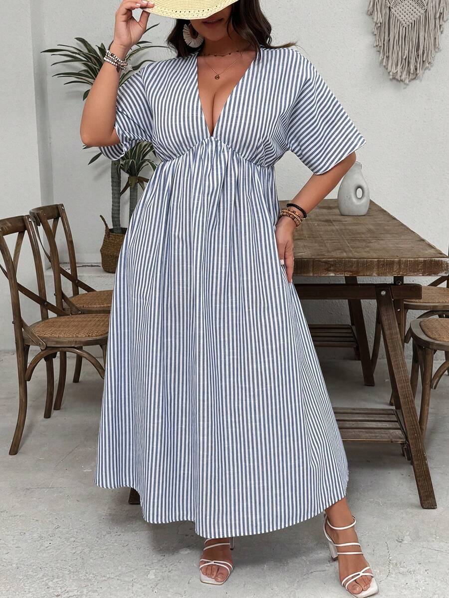 SHEIN VCAY Plus Size Striped V-Neck Short Sleeve Dress, Simple Casual Everyday Wear - Blue and White - View 1