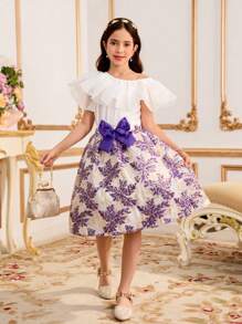 SHEIN Falda hasta la rodilla con lazo en la cintura y diseño suelto y lindo para niña preadolescente - Multicolor - Ver 5