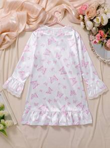 Tween Girls Minimalist White Base Pink Bow Floral Print Long Sleeve Long Nightgown Loungewear - Multicolor - View 2