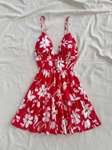 Soleia 女士节日编织花卉印花吊带裙，红色底色，白色花朵，夏季款式，迷你连衣裙 - 紅白色 - 查看 3