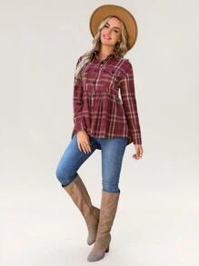 SHEIN LUNE Autumn Green Plaid Vintage Flannel Long Sleeve Peter Pan Collar Cardigan Shirt, Women