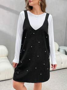 SHEIN Essnce 大码女式珠饰无袖连衣裙和长袖上衣 2 件套 - 黑色 - 查看 7