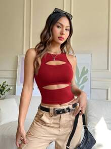 SHEIN EZwear Áo ba lỗ hở lưng cổ tròn màu trơn đơn giản cho nữ - Màu Đỏ Sâu - Xem 4