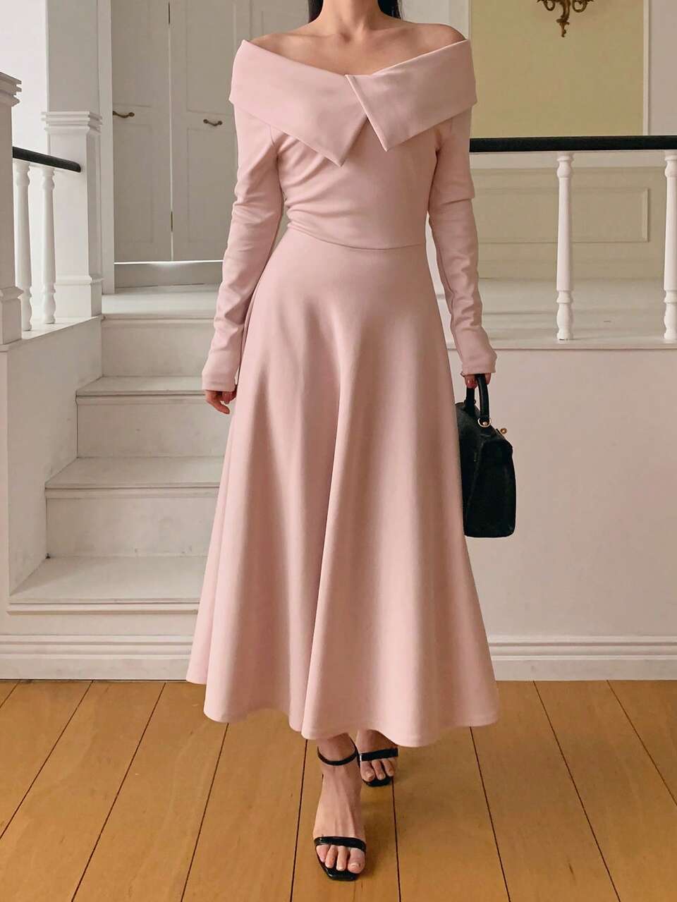 Women's Off Shoulder Turndown Collar Cinched Waist Mid-Length Dress
