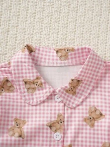 SHEIN 2pcs/Set Baby Girl Cute Pink Plaid Bear Pattern Shirt And Loose Fit Pants Casual Pajama Set