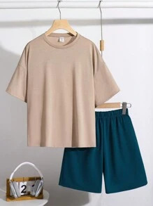 SHEIN 2pcs/Set Tween Boys Casual Korean Street Style Big Letter Graphic Round Neck Knit T-Shirt And Shorts Set, Suitable For Commute, School, Daily Leisure, Sports, Spring/Summer