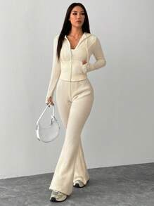 SHEIN PETITE Set de 2 piezas de chaqueta con capucha y pantalones de unicolor, conjunto casual