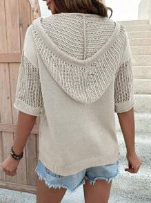 SHEIN LUNE Women's Solid Color Dropped Shoulder Short Sleeve Hooded Casual Knit Sweater - Apricot - View 2