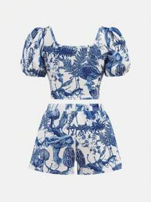 Girlism Tween Girl Blue & White Floral Knitted Crop Top & Shorts Set With Fitted Bubble Sleeves For Girl, Holiday/Casual Outfit - Blue and White - View 2