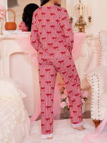 Bộ đồ ngủ sọc đỏ nhiều màu nơ dễ thương cho nữ, phong cách Ins, cho ngày lễ tình nhân - Nhiều màu - Xem 2