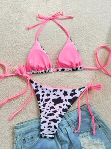 Soleia 2pcs/Set Women's Vacation Cow Print Contrasting Magenta Reversible Halter Tie Bikini, For Summer Beach - Multicolor - View 2