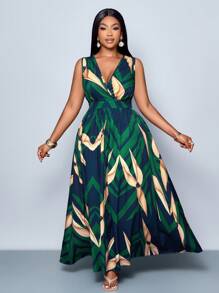 SOLERSUN 大码女式无袖花卉松紧腰长裙，适合夏季度假和日常穿着 - 綠色 - 查看 1