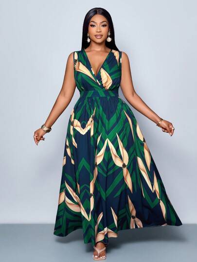 SOLERSUN Plus size dam ärmlös blommig maxiklänning med elastisk midja för sommarsemester och vardagskläder