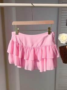 Comfortcana Women's Solid Color 3D Floral Contrast Ruffle Hem Mini Skirt