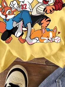 SHEIN EZwear 休闲宽松卡通动物图案圆领短袖女式T恤，适合夏季 - 黃色 - 查看 7