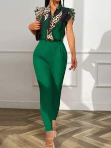 SHEIN Clasi Damen Patchwork Leoparden Paisley Muster Hemd mit einfarbiger Hose 2-teiliges Set (Gürtel ist Zubehör)