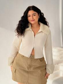 SHEIN EZwear Cárdigan de talla grande para mujer, de unicolor y con acabado fuzzy en patchwork