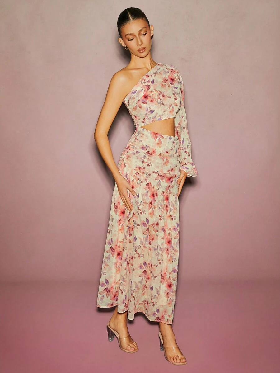 L'Amorae 优雅花卉雪纺单肩镂空褶皱低腰度假开衩超长太阳裙，夏季婚礼宾客礼服，女士春夏装