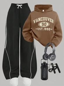 Girlism Teen Girls Casual Vintage American Graphic Print Hooded Sweatshirt And Drawstring Waist Loose Fit Cargo Pants/Wide Leg Pants 2 Pieces Set, Suitable For College, Outdoor Sports, Streetwear, Thanksgiving, New Year