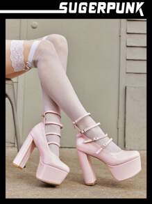 Sugerpunk High Platform Strap Roman Pumps For Ladies, Chunky Heel Stage Shoes Spring Shoes Spring Break Easter Prom Heels - Pink - View 8