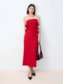 Maija 女士红色优雅纯色蝴蝶结装饰吊带背心百搭日常情人节派对连衣裙，早春节