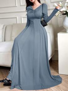 Mulvari 勃艮第红女士优雅纯色腰部收腰长裙，春秋