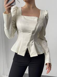 Rafferiza 女式新款优雅中国新年风格方领提花泡泡袖复古珍珠链收腰衬衫 - 白色 - 查看 4