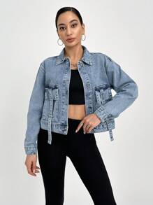 EURMUSE CROP RIGID JACKET STYLE CASUAL SIMPLE FASHION DAILY - Medium Wash - View 1