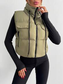 EURMUSE Zip Up Pocket Padded Vest With Pocket - Green - View 5