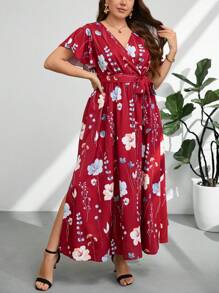 Firerie 大码女式夏季 V 领宽松随意花卉印花系带开衩连衣裙，度假风格 - 酒紅色 - 查看 6