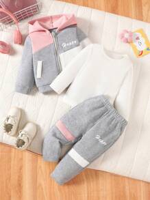 SHEIN Playful Pals 3 件套休闲运动女婴装：拼色连帽夹克 + 白色 T 恤 + 运动裤，秋冬 - 灰色 - 查看 8