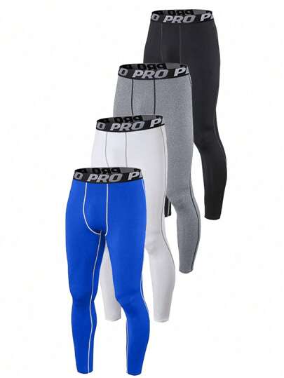 Manfinity Fitness 男士字母条纹休闲健身紧身裤四件套 白色紧身裤 4条装 男士保暖打底裤，高弹力腰部压缩紧身裤，纯色，针织面料，适合休闲和正式场合，秋冬季保暖裤 男士保暖打底裤，高弹力腰部压缩紧身裤，纯色，针织面料，适合休闲和正式场合，秋冬季保暖裤