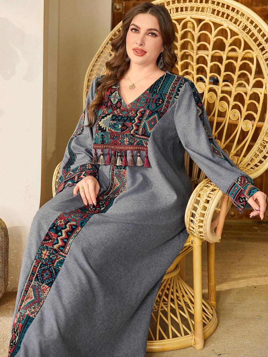 Al Najma Plus Size Women V-Neck Bell Sleeve Faux Linen Patchwork Jacquard Tassel Elegant Luxury High-End Fashion Arabic Turkish Dress, Modest Kaftan