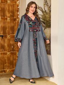 Al Najma Plus Size Women V-Neck Bell Sleeve Faux Linen Patchwork Jacquard Tassel Elegant Luxury High-End Fashion Arabic Turkish Dress, Modest Kaftan