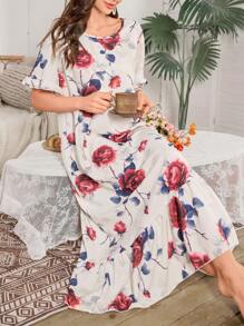 Bubble Ruffle Trim Floral Print Long Nightgown - Multicolor - View 6