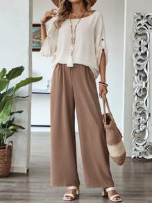 EMERY ROSE Set de 2 piezas de top y pantalones de unicolor para mujer, prendas de vestir casuales minimalista para uso diario