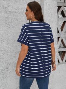 SHEIN LUNE Plus Blue & White Striped Short Sleeve Loose Fit Summer T-Shirt