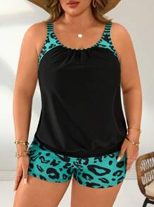 Swim Lushoire Summer Plus Size Women 2pcs Set Strap Splice Slimming Tummy Control Tankini Set - Black - View 5