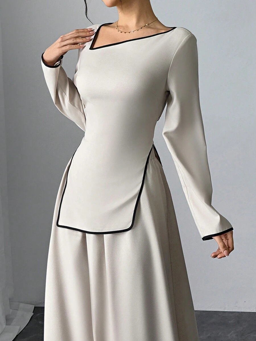 Modelyn Modest Casual Contrast Trim Asymmetric Neck Top And Mini Skirt Set For Women 2 Pieces Set - Beige - View 1