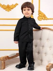 男婴三件套缎面服装套装，时尚优雅，是每个小男孩衣柜里的必备单品 - 黑色 - 查看 6
